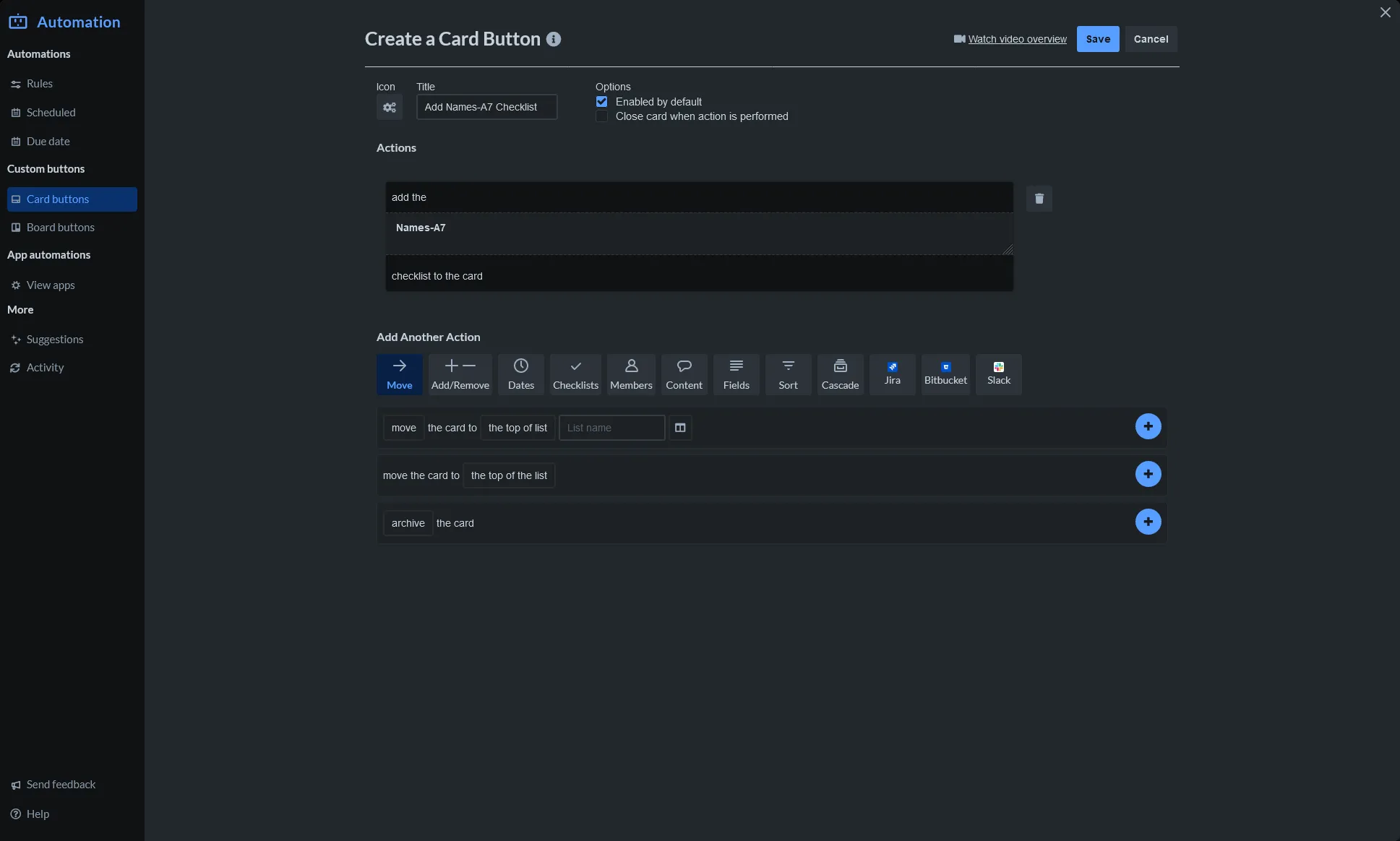 Screenshot of Trello Automation for card button add checklist