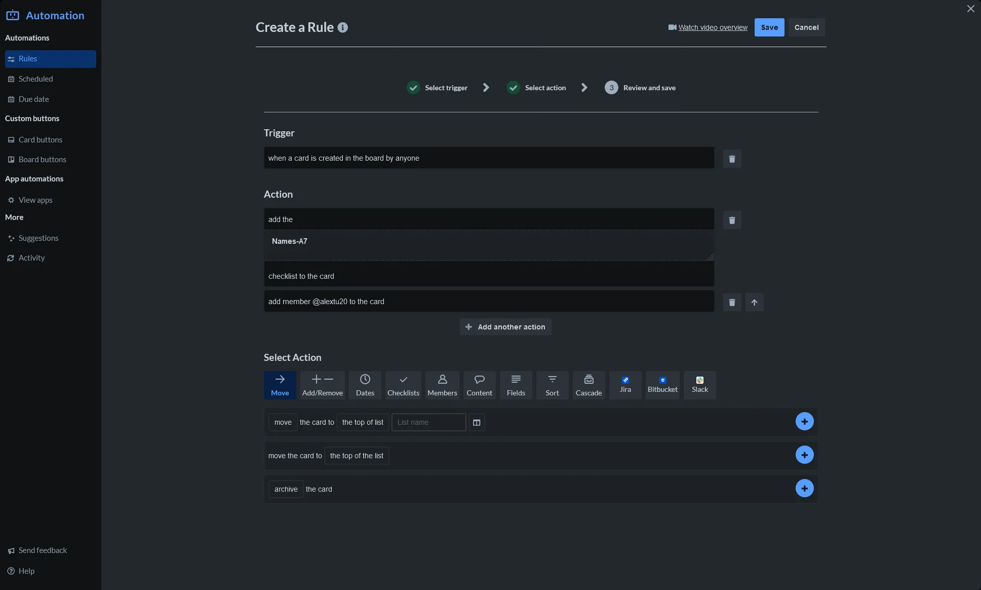 Screenshot of Trello Automation for rule checklist