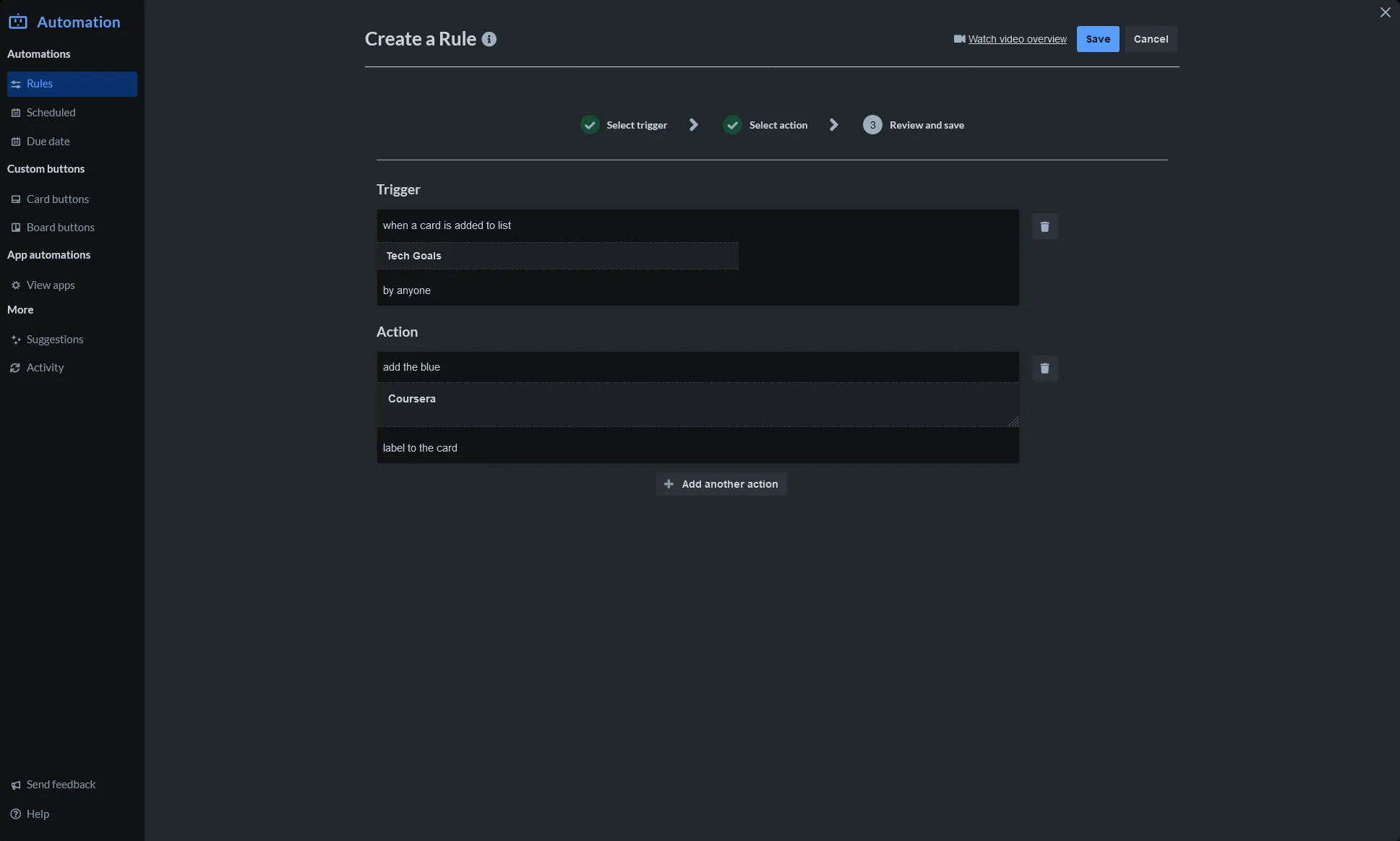 Screenshot of Trello Automation for rule Coursera label