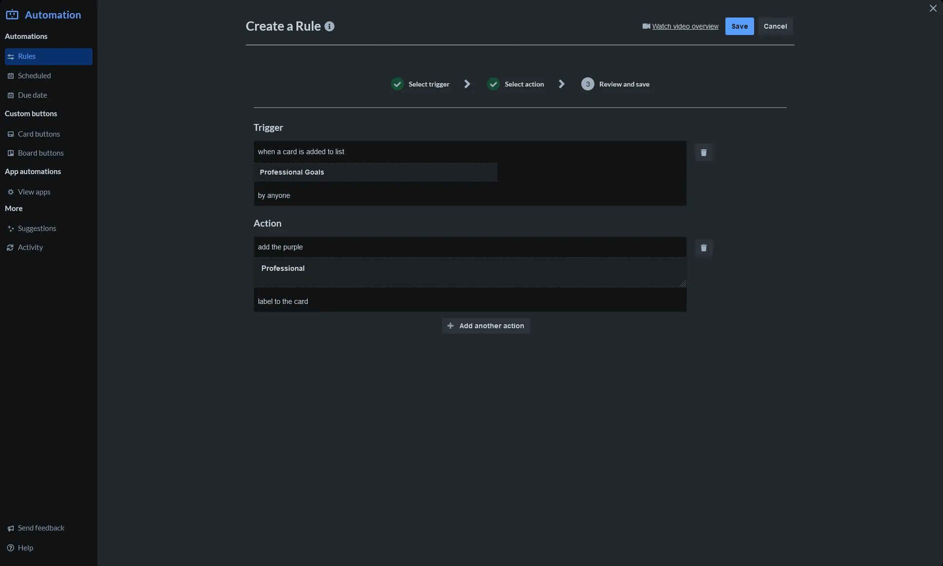 Screenshot of Trello Automation for rule Professional label