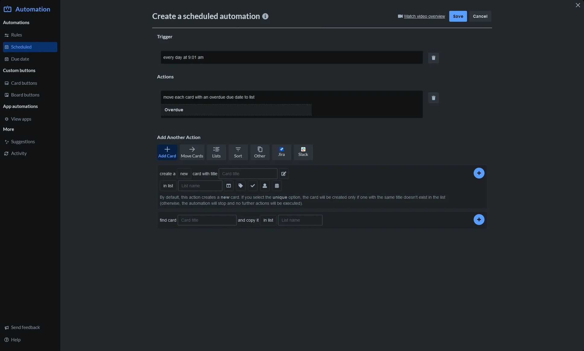 Screenshot of Trello Automation for scheduled overdue